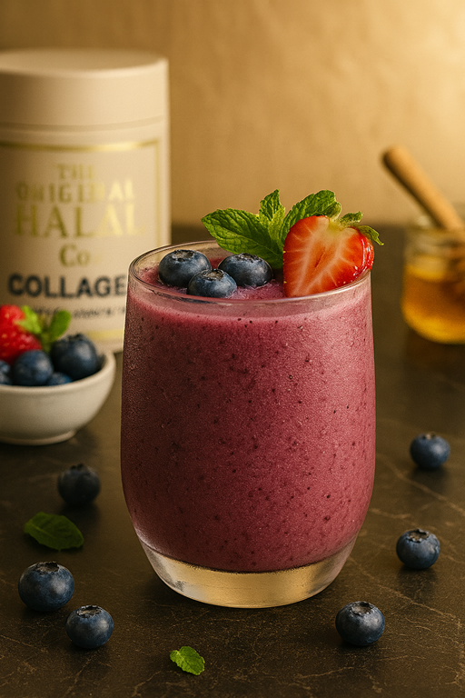 Berry collagen smoothie with strawberries, blueberries, banana, and almond milk