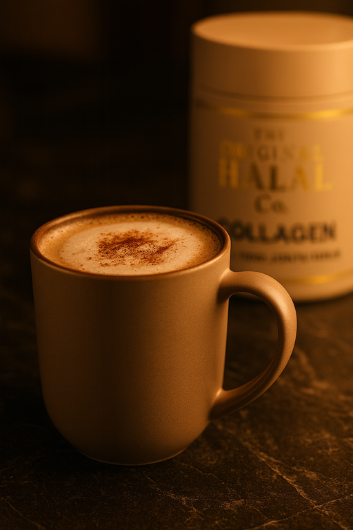 Halal collagen hot chocolate with cocoa and cinnamon for skin and wellness