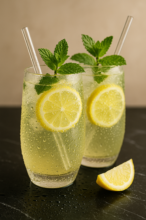Refreshing lemon collagen drink with sparkling water, honey, and mint