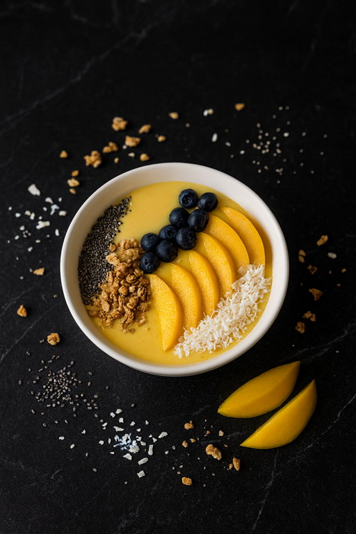Mango collagen smoothie bowl with banana, coconut milk, chia seeds, and toppings