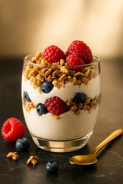 Collagen yogurt parfait with honey, nuts, and berries for glowing skin